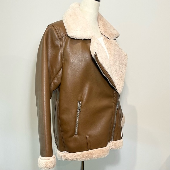 H&M Divided Brown Vegan Leather Shearling Faux Fur Oversized Moto Biker Jacket - Picture 5 of 9